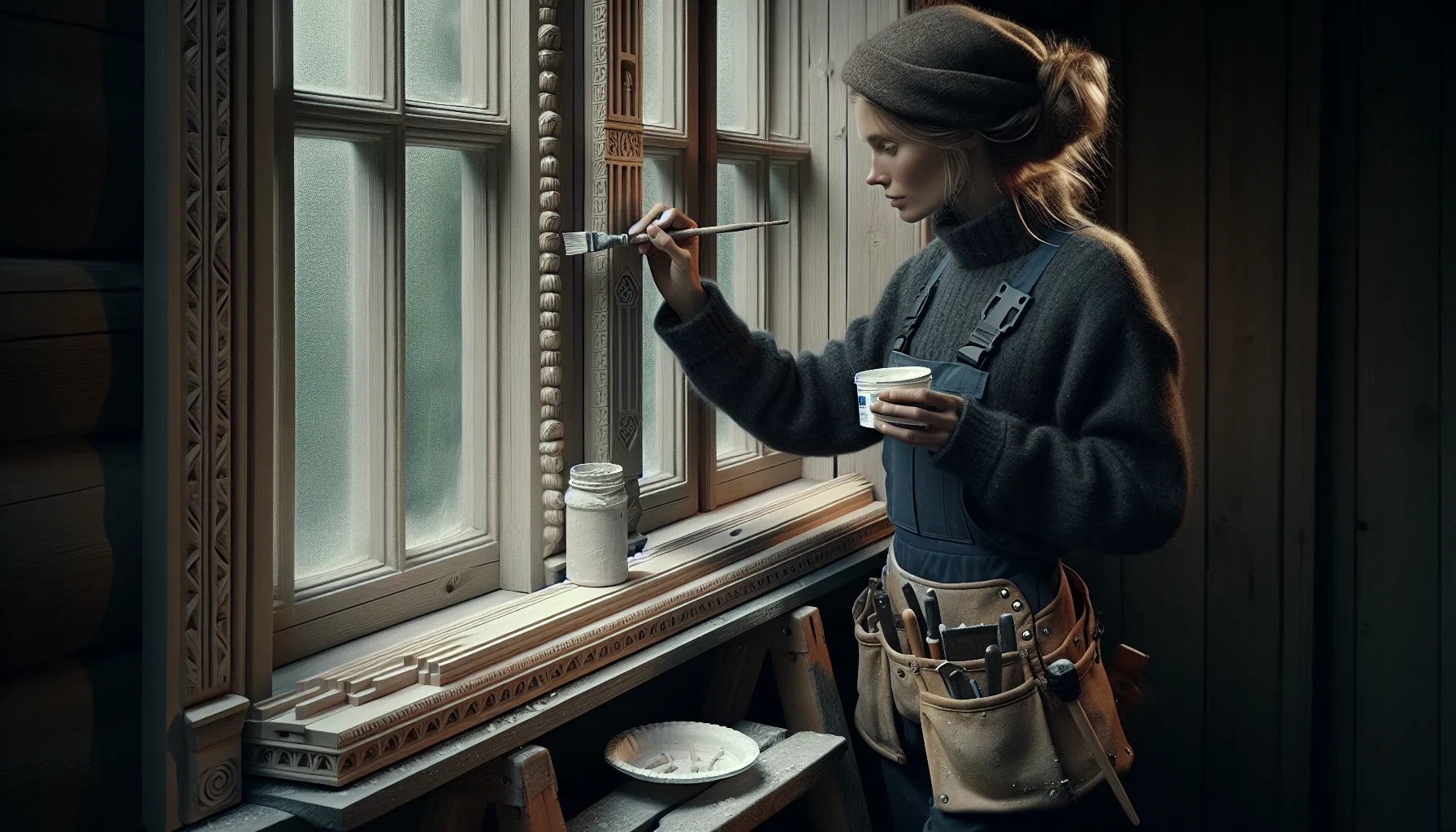 Norwegian craftswoman restoring a historic window using reversible, precise, traditional-modern methods.
