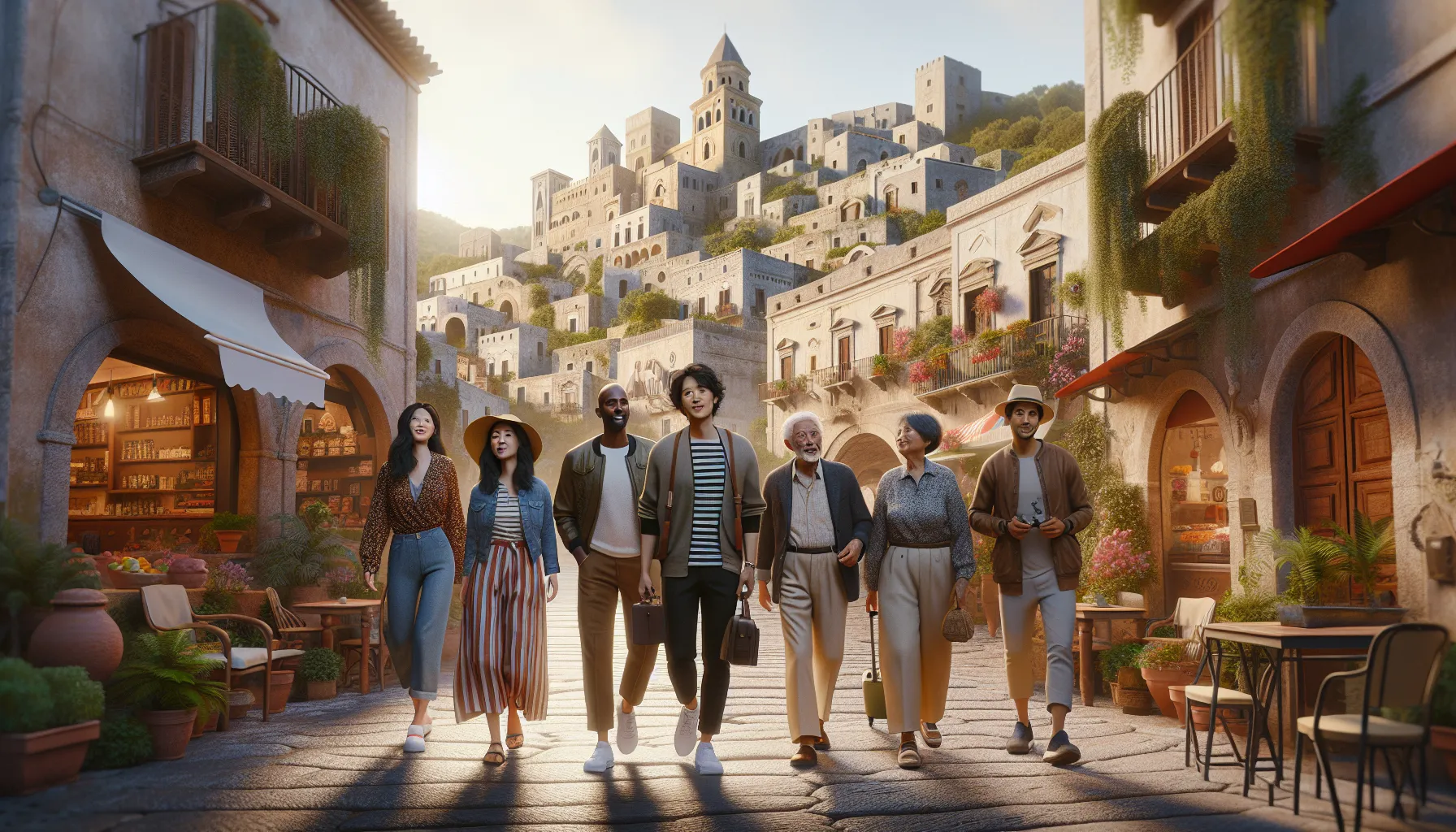 diverse travelers exploring the medieval town of PianeTalecce.