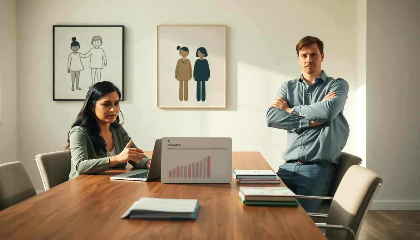 two parents discussing co-parenting challenges in a modern office.