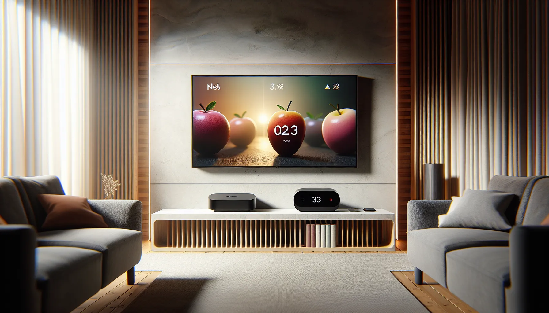 A living room showcasing a Roku and Apple TV device setup for streaming.