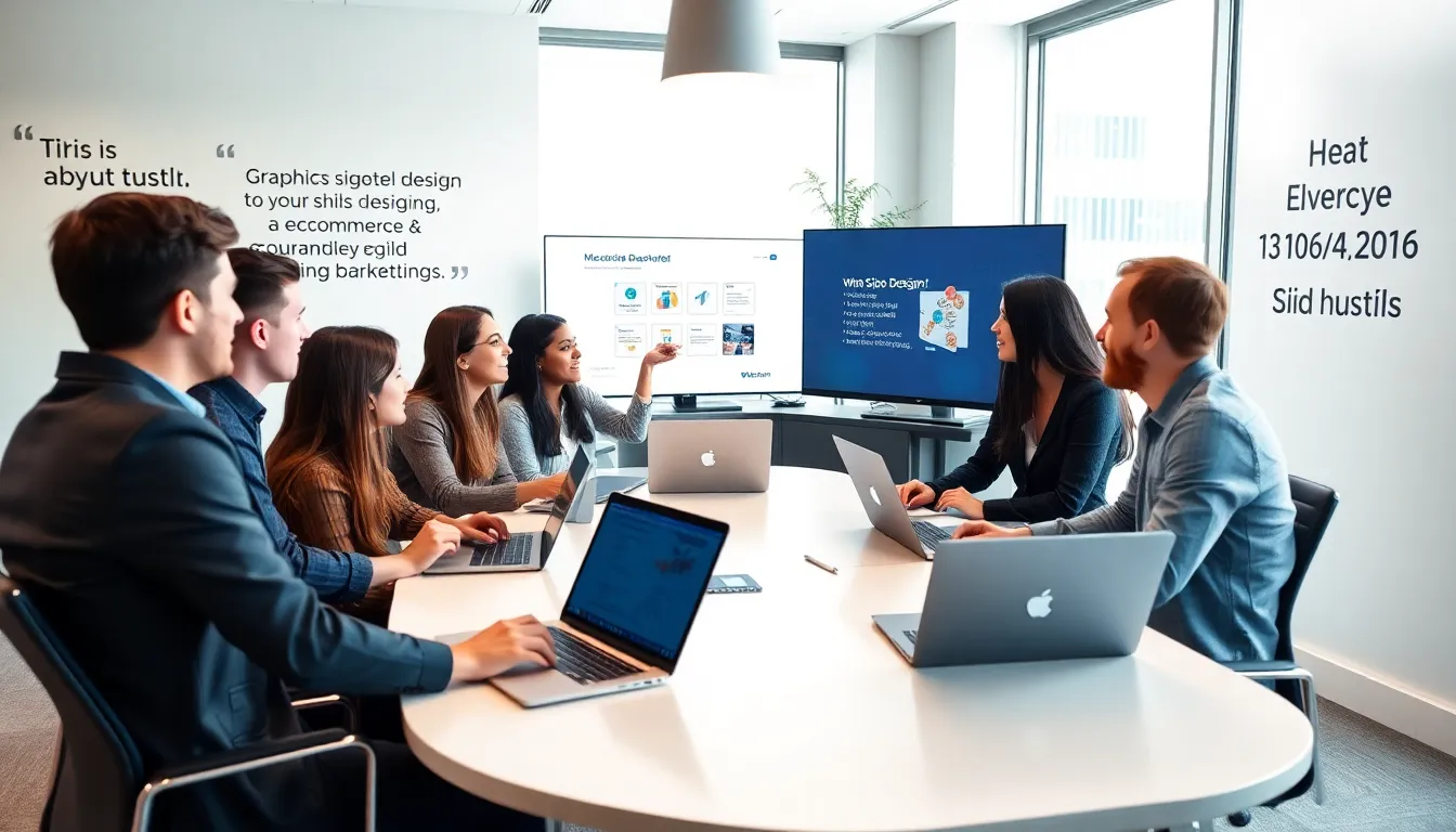 diverse team discussing side hustle ideas in a modern office.