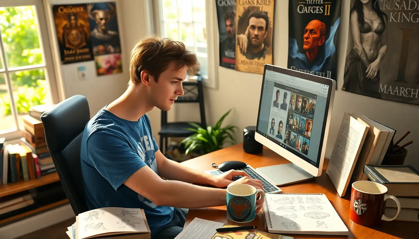 A young man designing characters in an office using Ck2generator.