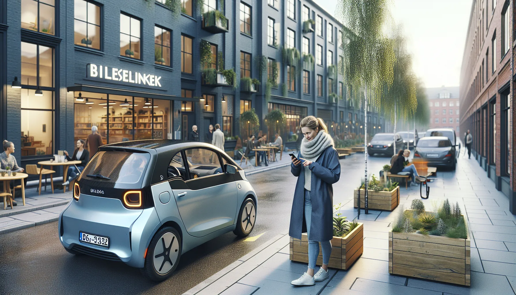 Woman using a shared car beside green urban space and coworking office in norway.