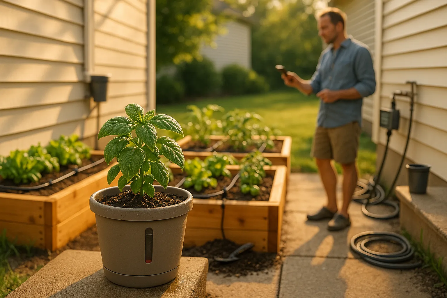 Self-watering pot in foreground, drip-irrigated raised beds and timer in background.