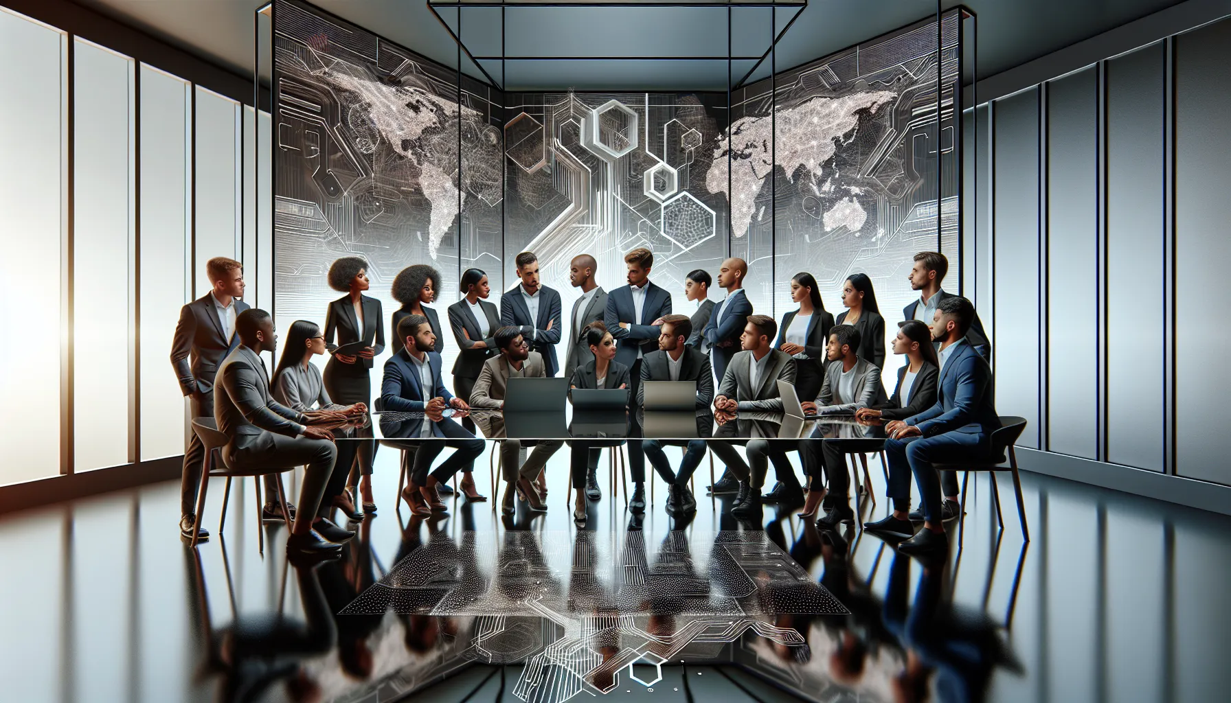 diverse team collaborating on advanced technology in a modern workspace.