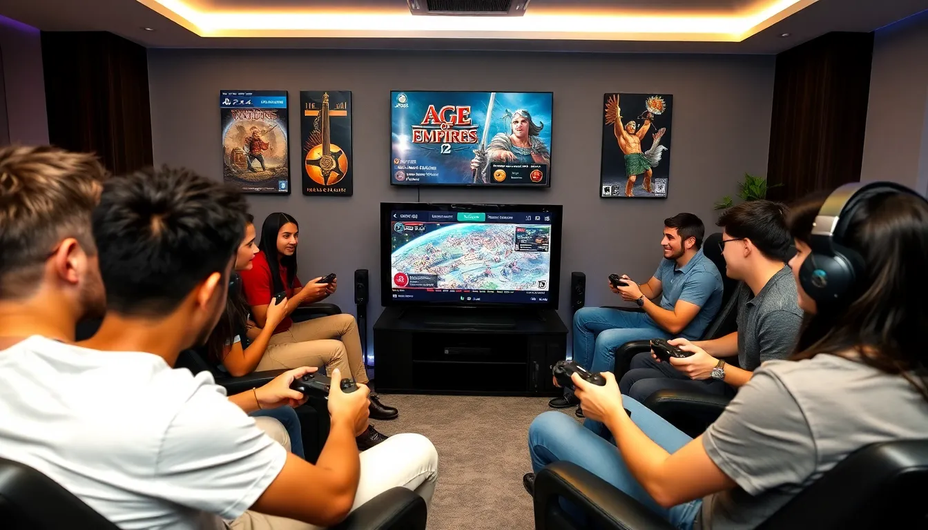 diverse group enjoying Age of Empires 2 on Xbox in a modern game room.