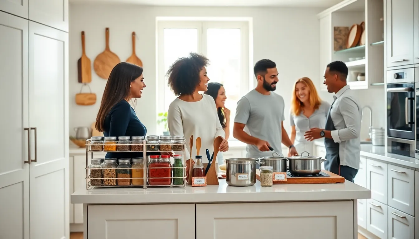 diverse group organizing a modern kitchen space.
