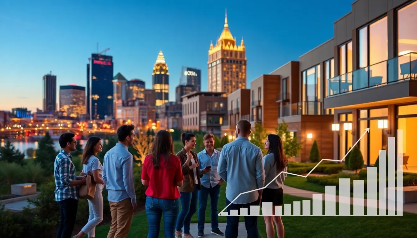 Diverse group discussing real estate trends near modern buildings in Pittsburgh.