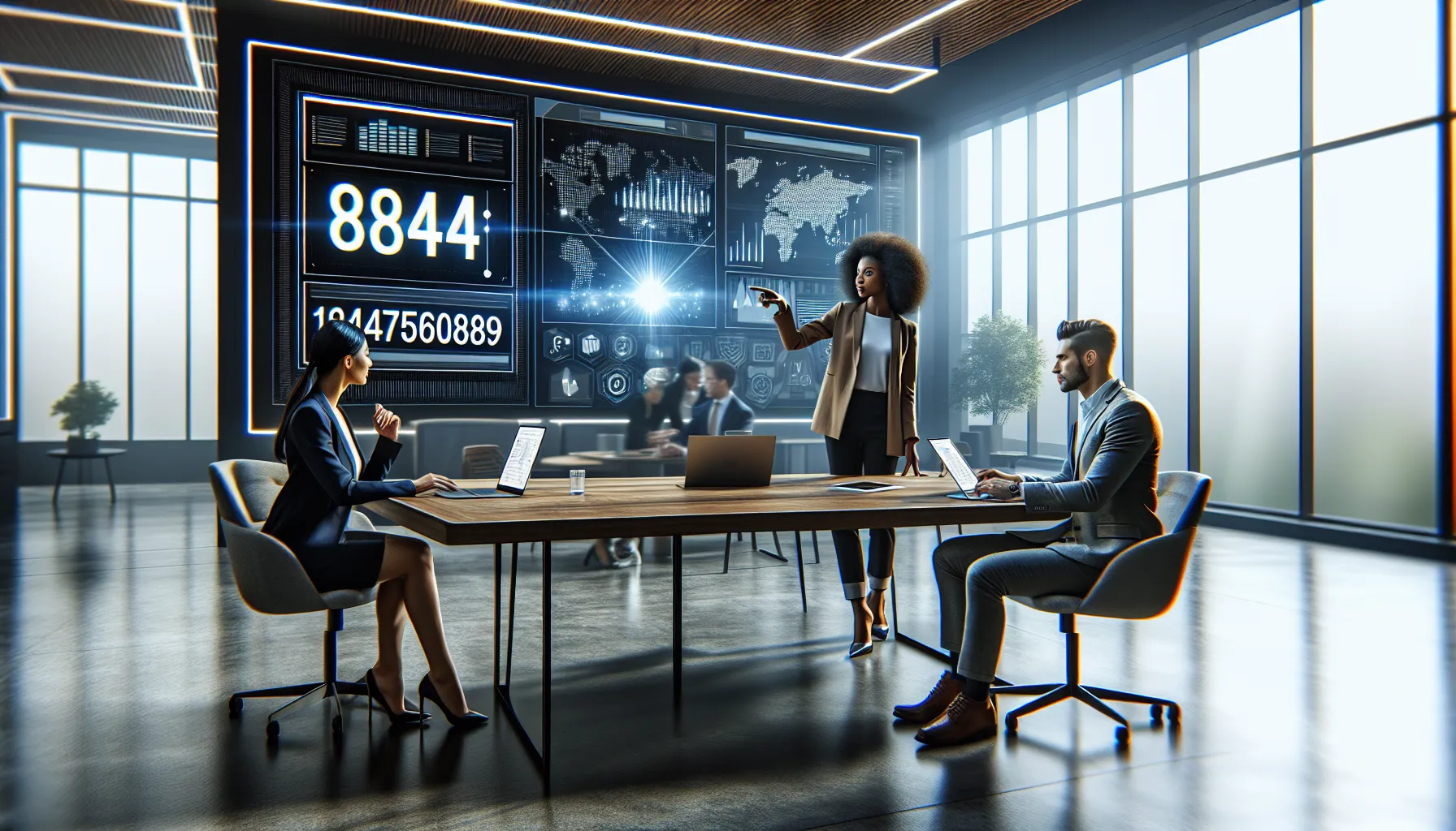 professionals discussing data in a modern office setting.