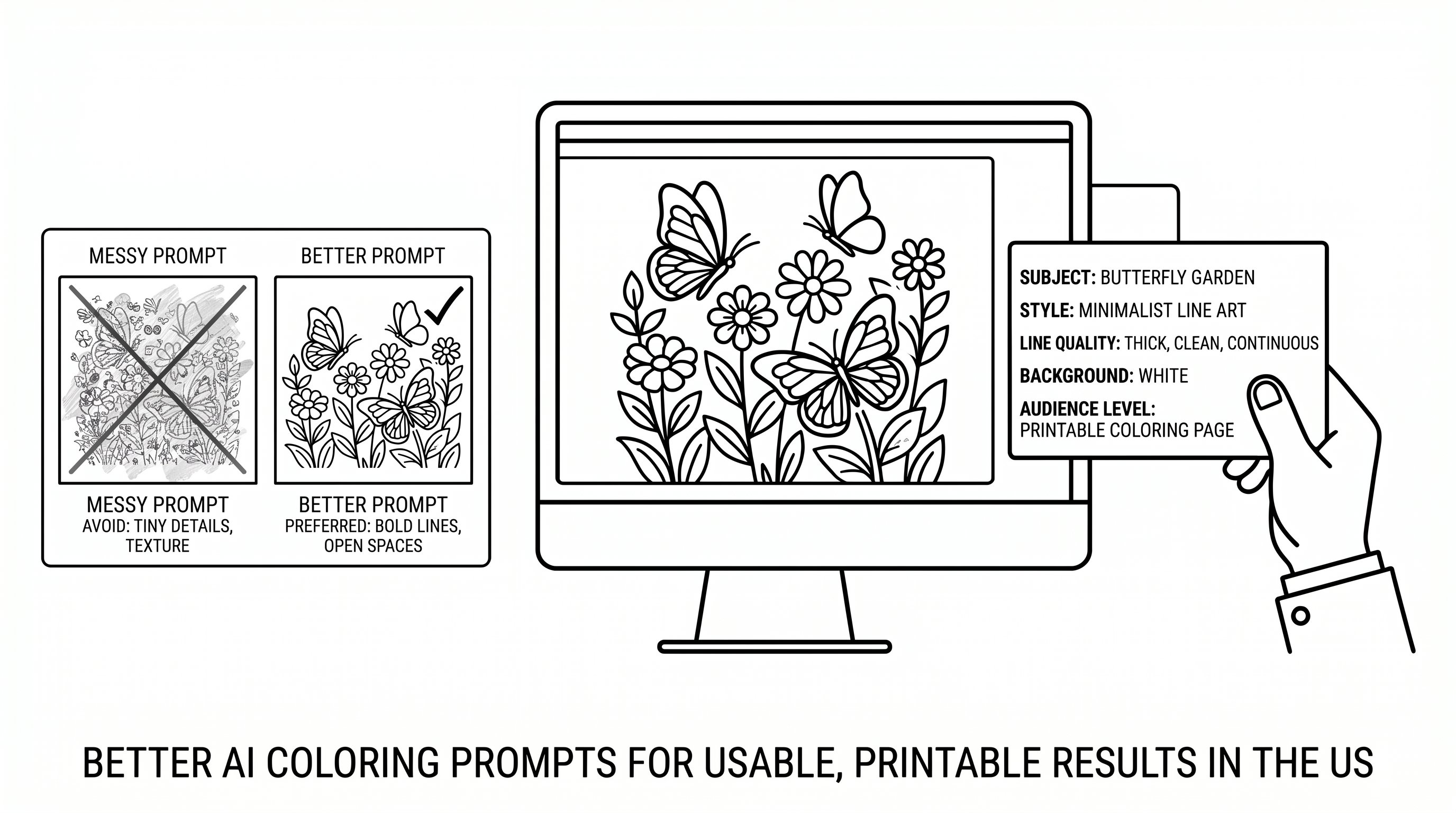 Computer screen showing a clean coloring page prompt and printable line art result.