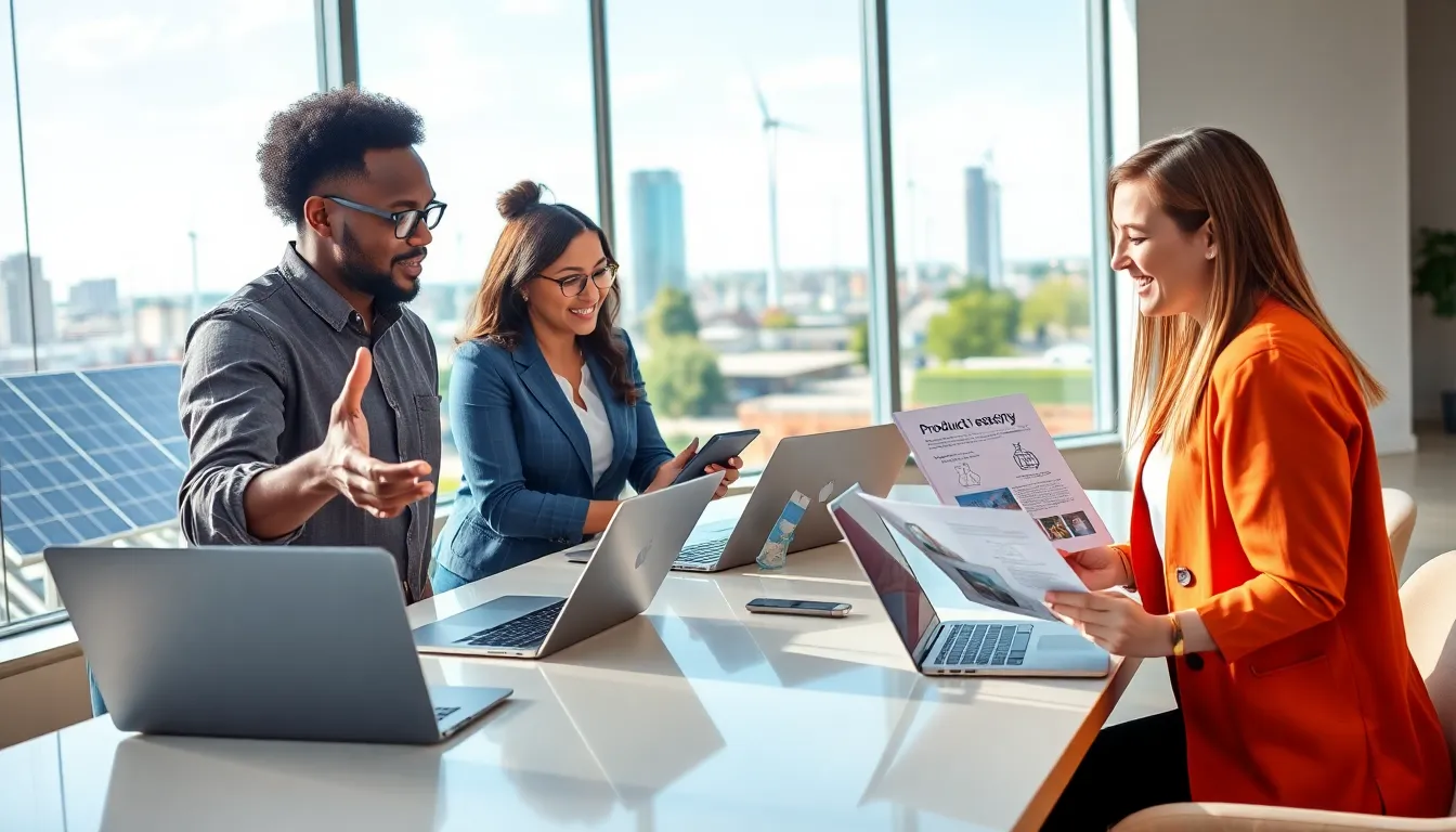 a diverse team discussing innovative energy solutions in a modern office.