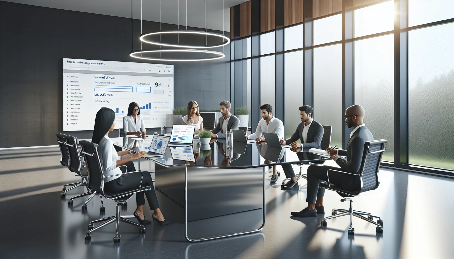 diverse team analyzing internal URL data in a modern office.
