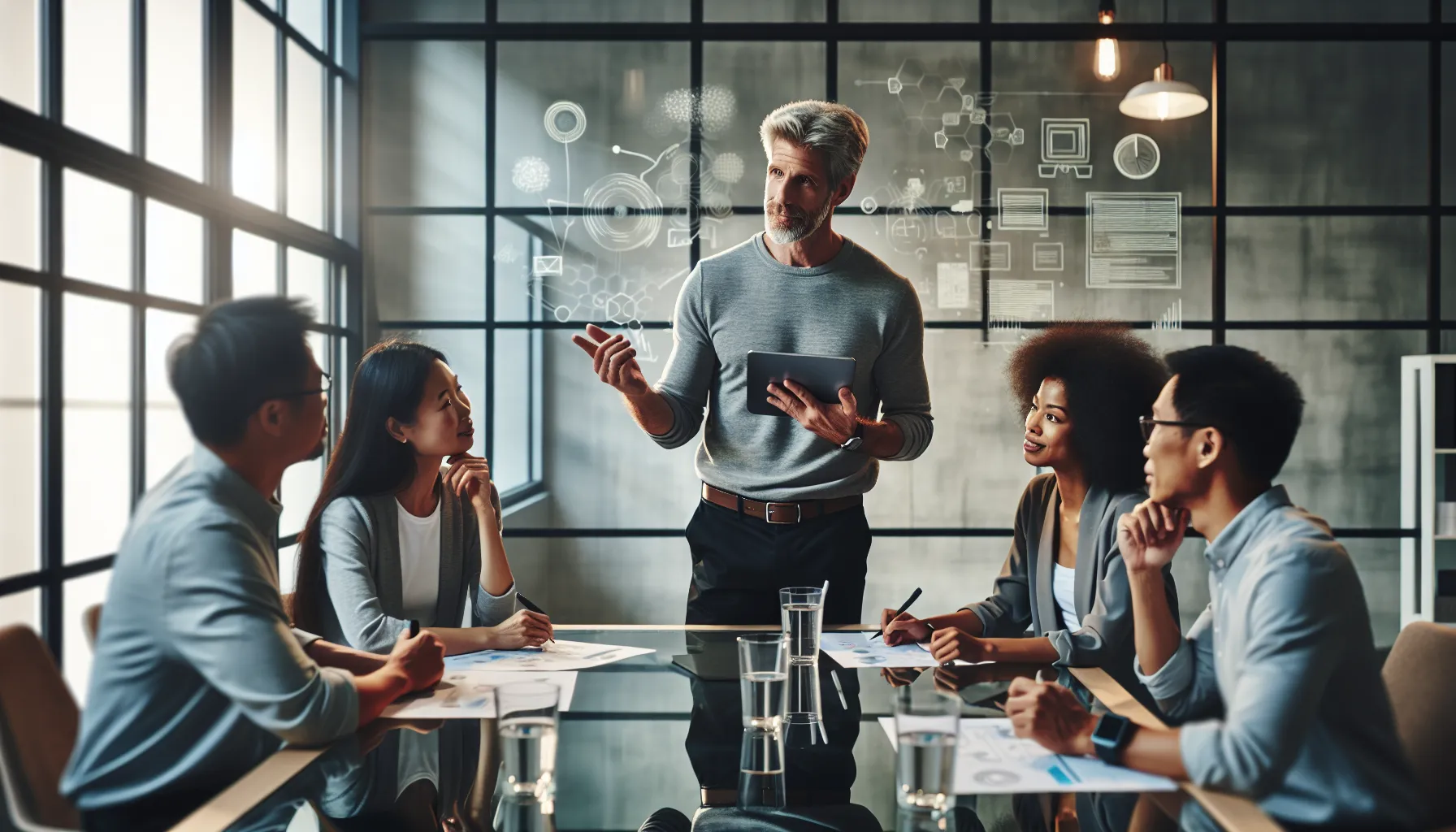 Stewart leading a dynamic brainstorming session with his team in a modern office.