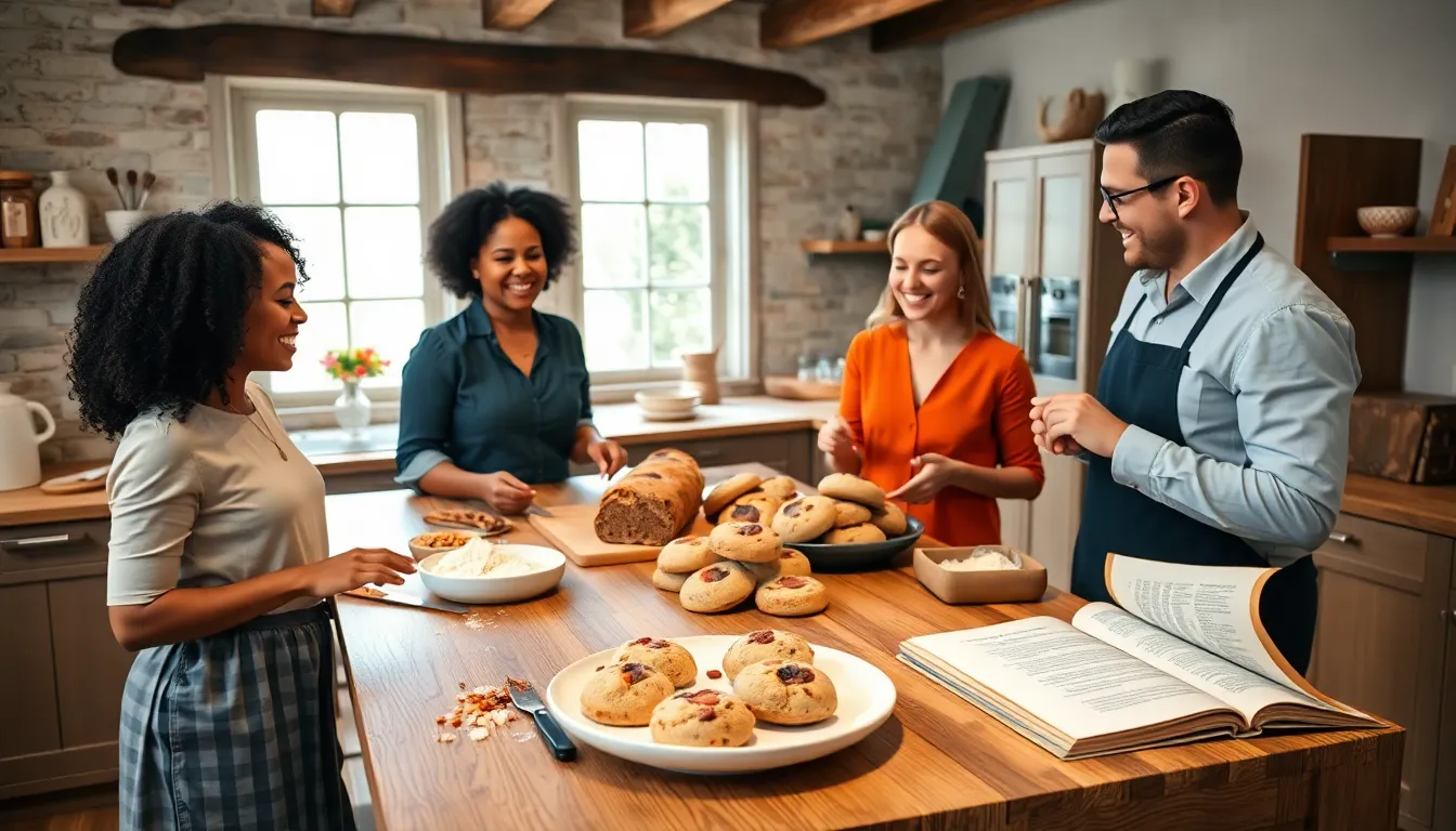 diverse group baking bread cookies in a cozy kitchen setting.
