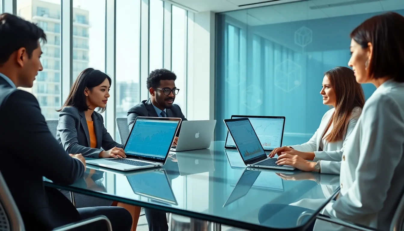 professionals discussing cryptocurrency in a modern office.
