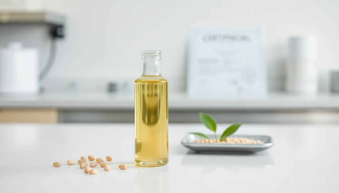 Moringa oil in a glass vial with seeds on a clean lab table.