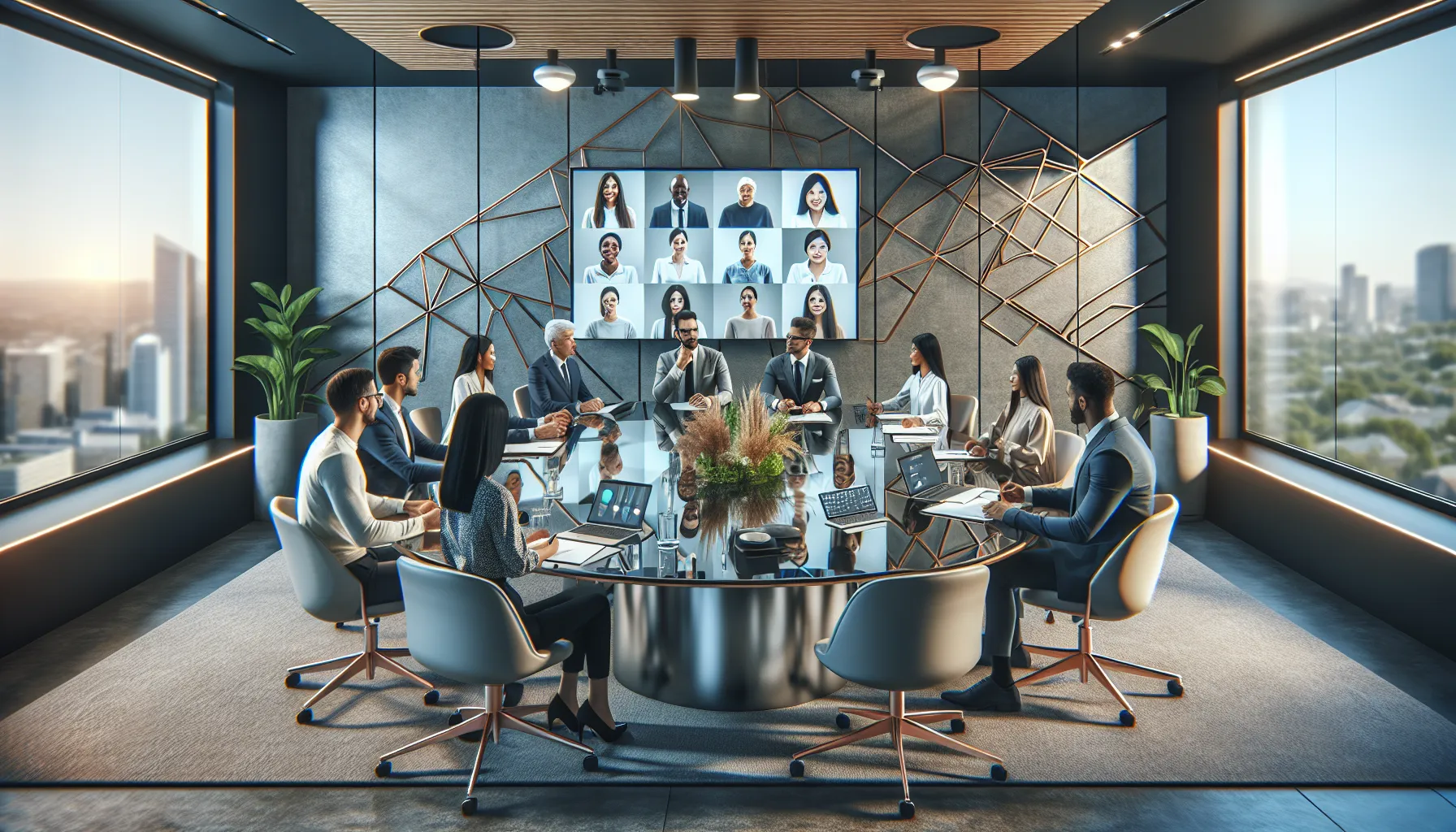 diverse professionals engaged in a hybrid software meeting.