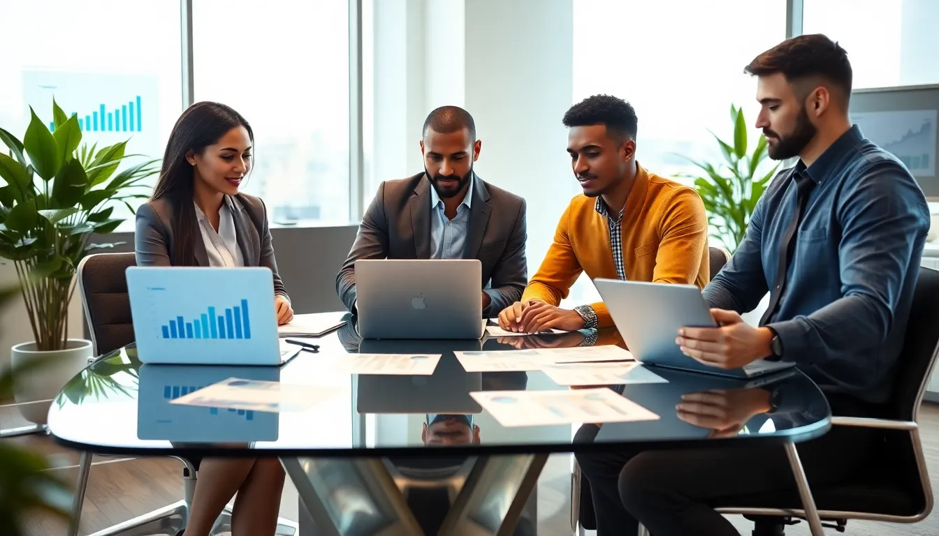diverse professionals discussing credit history in a modern office.