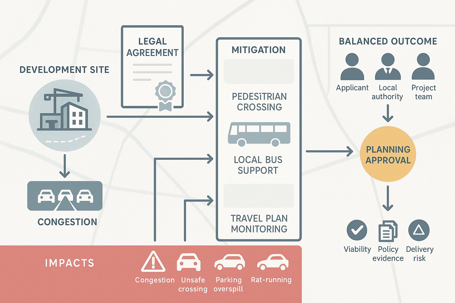 Infographic showing how S106 transport contributions mitigate development impacts in the UK.