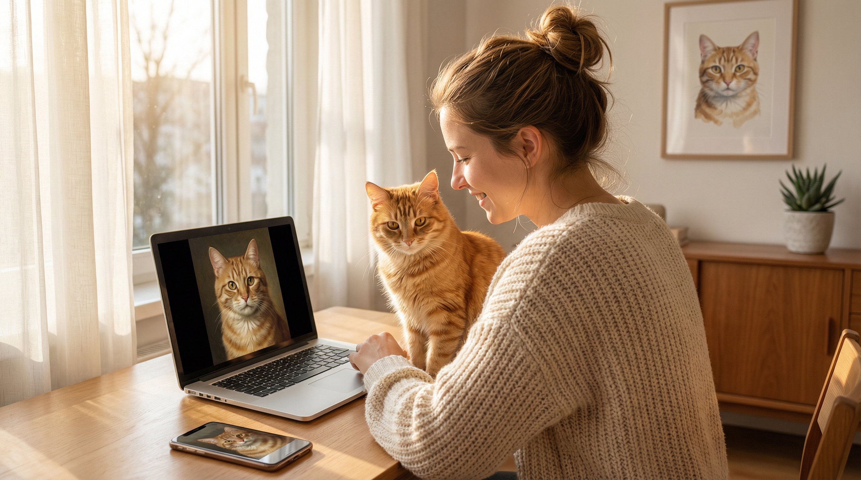 Woman creating a custom cat portrait on her laptop beside her orange tabby cat.