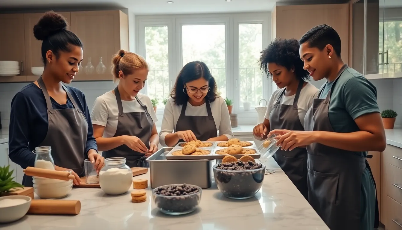 diverse bakers creating cookies in a modern kitchen.