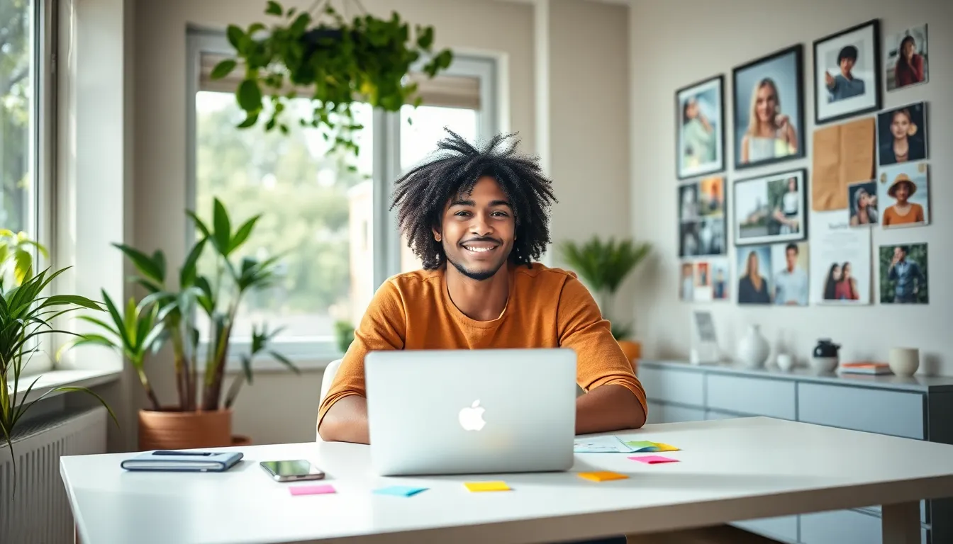 diverse individual in a bright workspace showcasing creativity and digital presence.