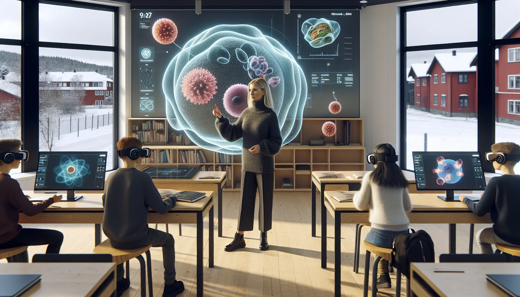 Slik kan lærere bruke vr og ar for å skape interaktive læringsopplevelser 3 Norwegian teacher guiding students using vr and ar in an interactive classroom.