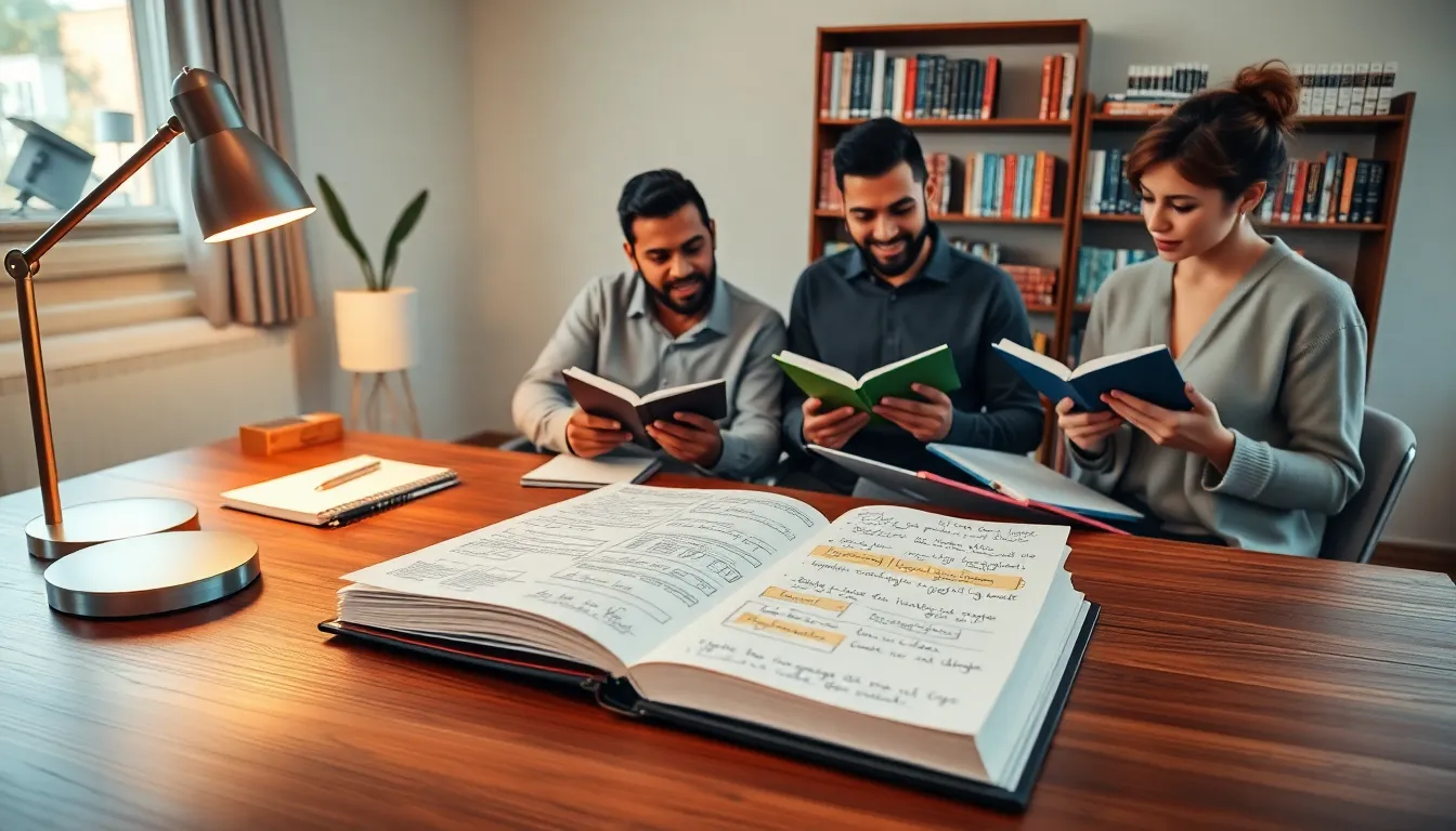 diverse individuals collaborating over language learning journals in a modern workspace.