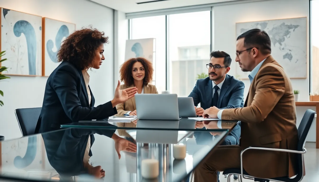 diverse professionals discussing philosophy in a modern office.