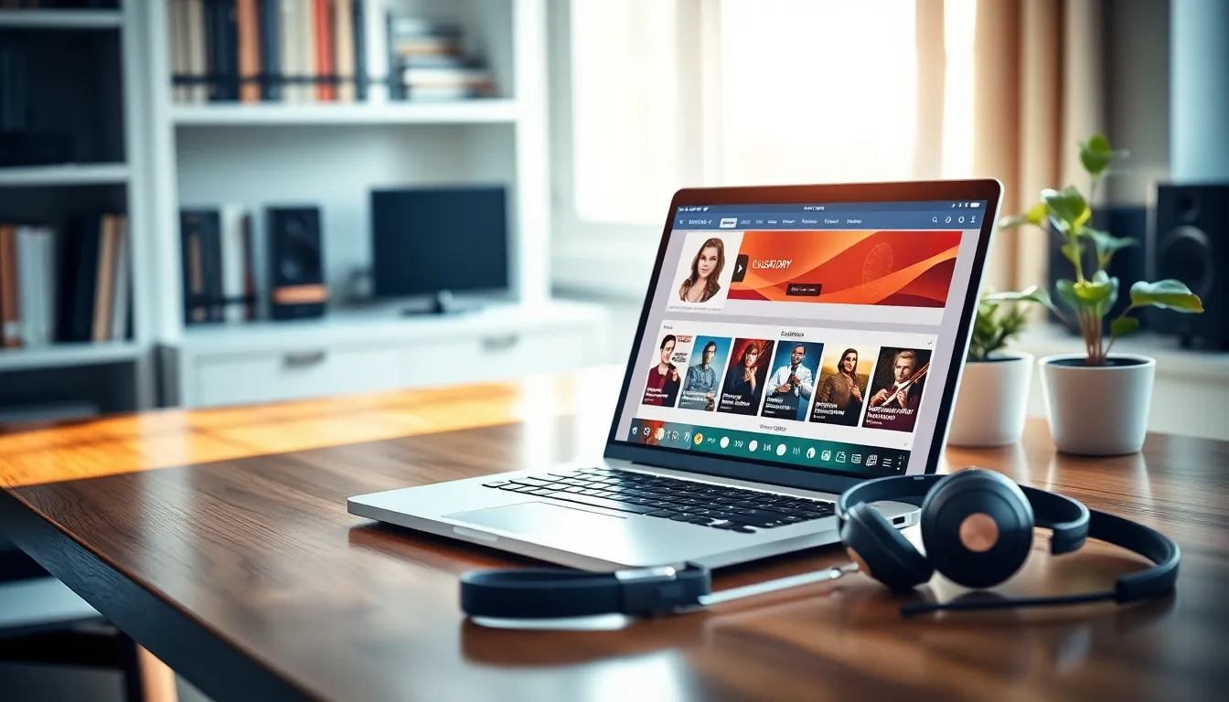 laptop displaying classical music downloads in modern workspace.