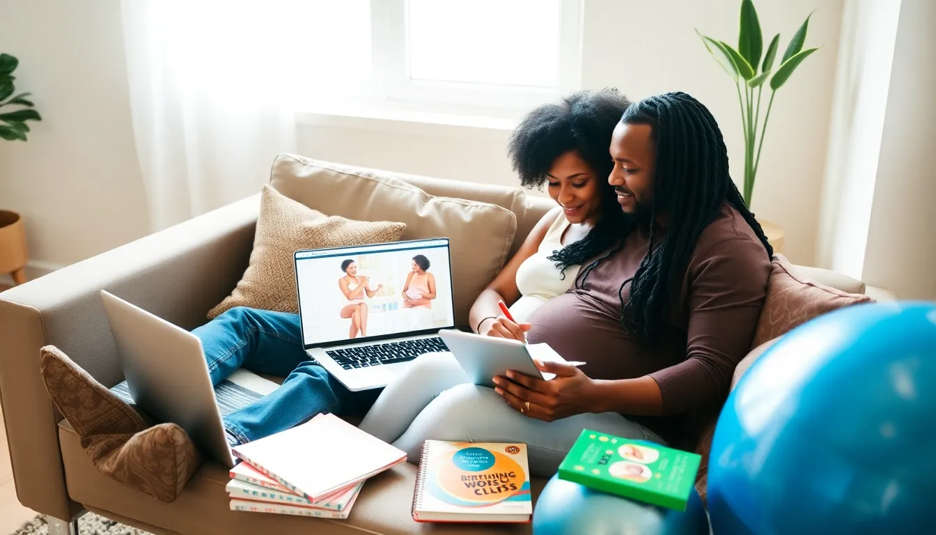 couple participating in an online birthing class at home.