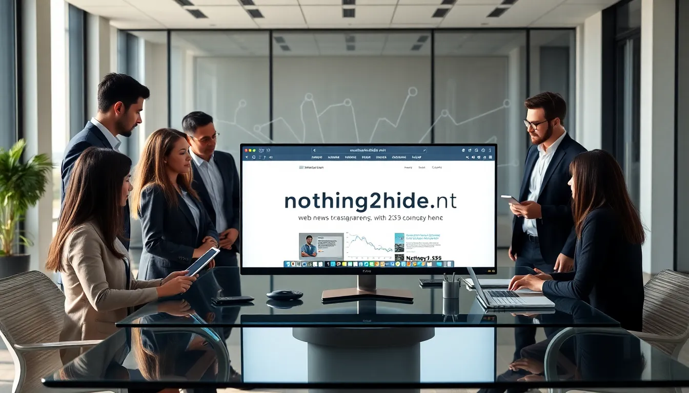 diverse professionals discussing at a modern office setting with nothing2hide.net displayed.