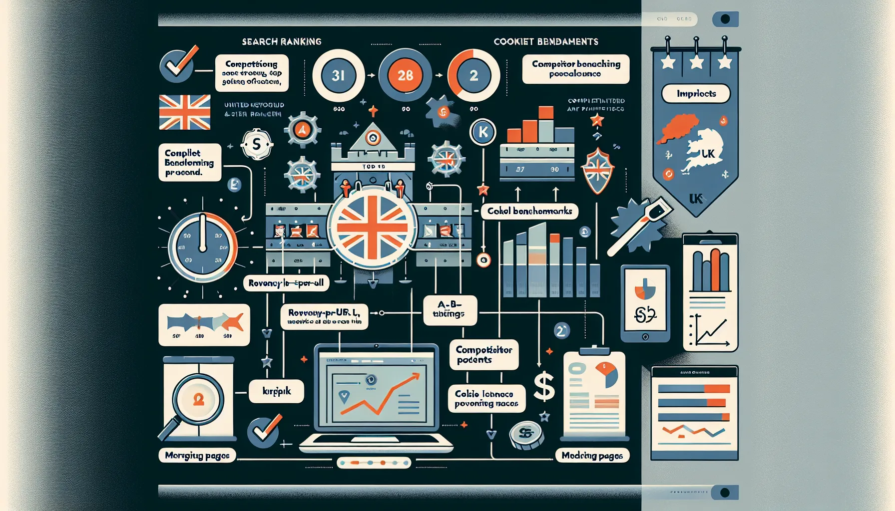 Two-panel UK SEO affiliate infographic: analytics-to-optimization flow and compliance checklist.