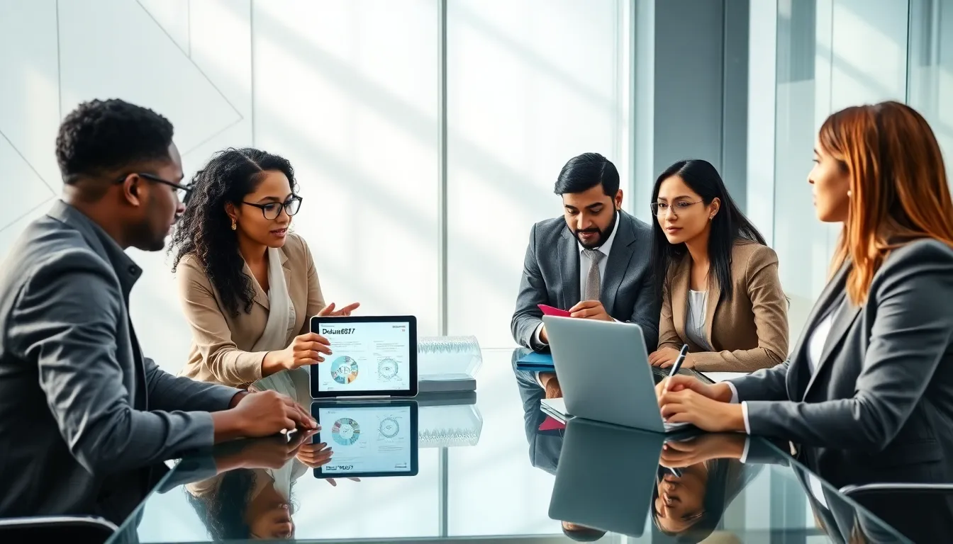 diverse team discussing technology in a modern office setting.