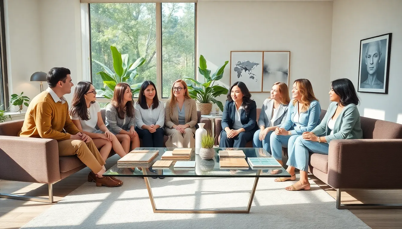 diverse designers discussing eco-friendly interior design materials.