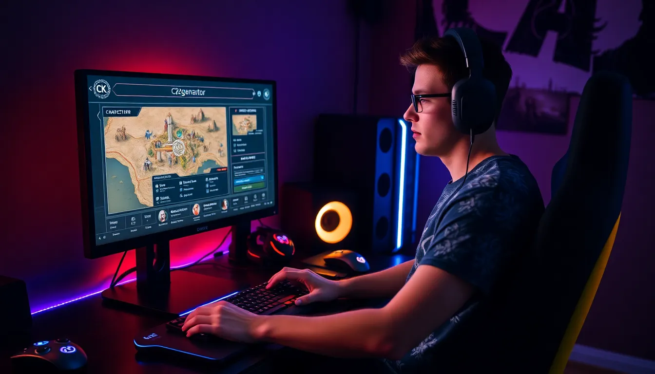 a young man creating characters on the Ck2generator gaming tool.