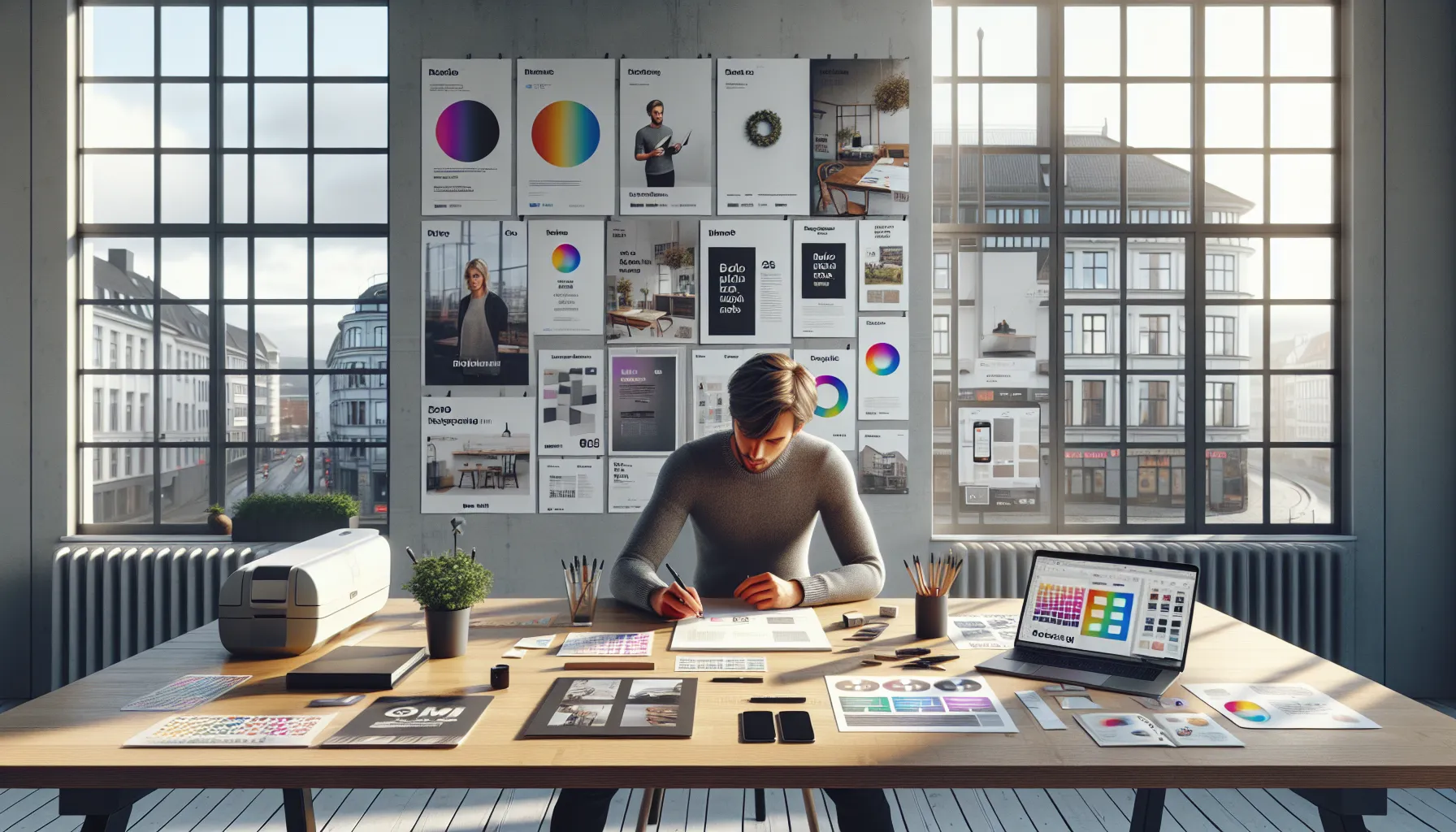 Norwegian designer testing logo visibility on screens and printed materials in a studio.