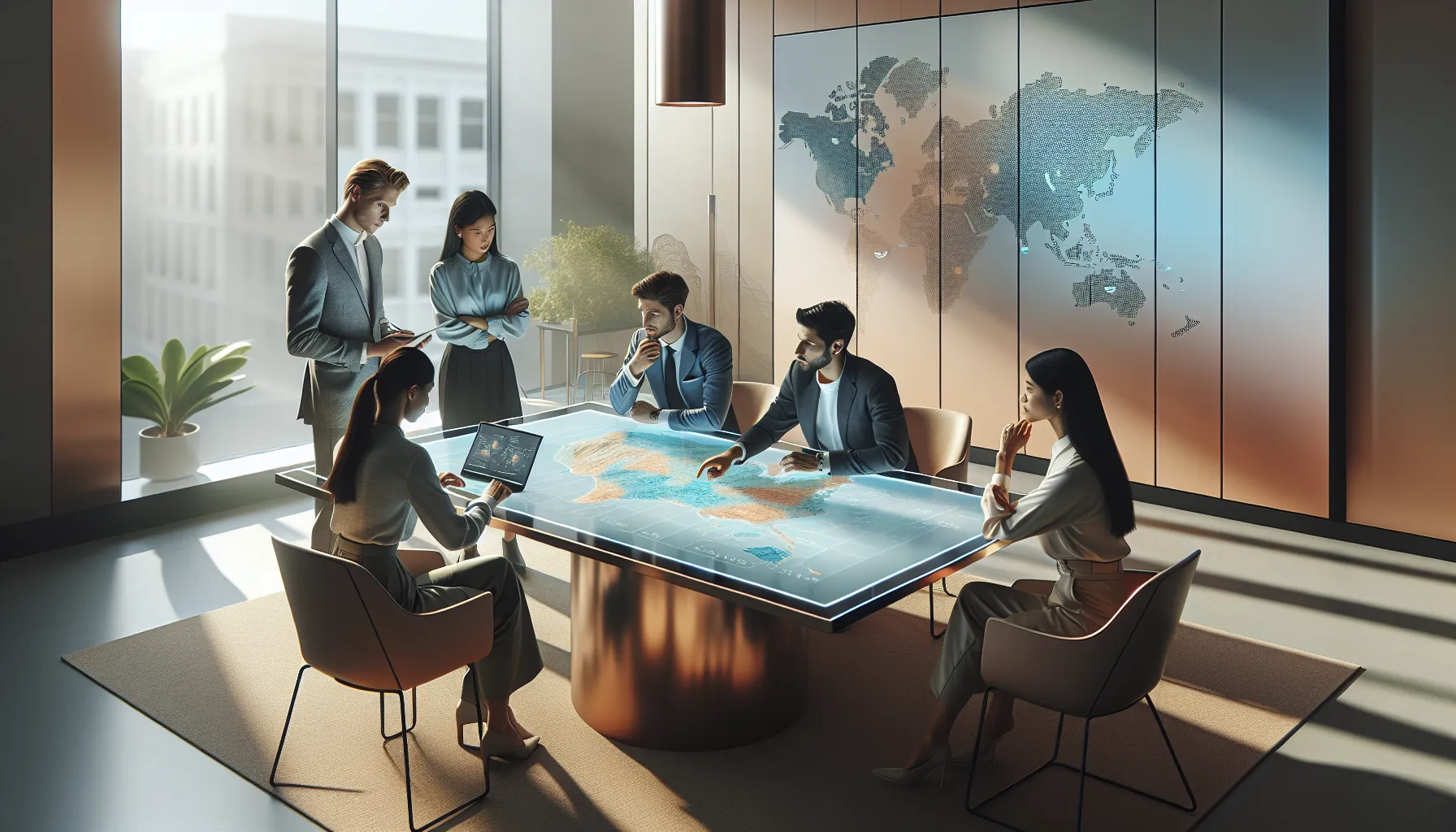 professionals discussing area codes in a modern office setting.