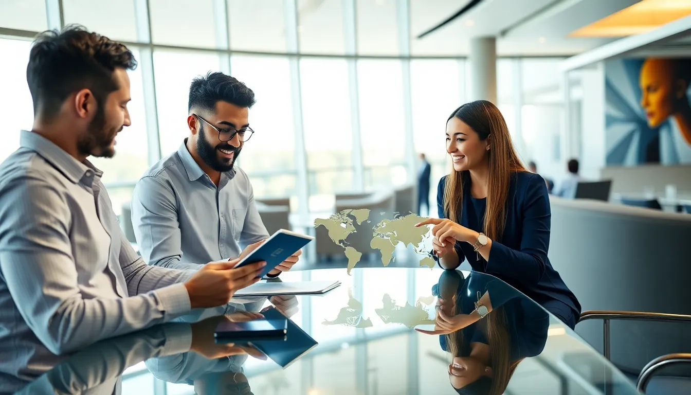 professionals discussing travel documents in an airport lounge.