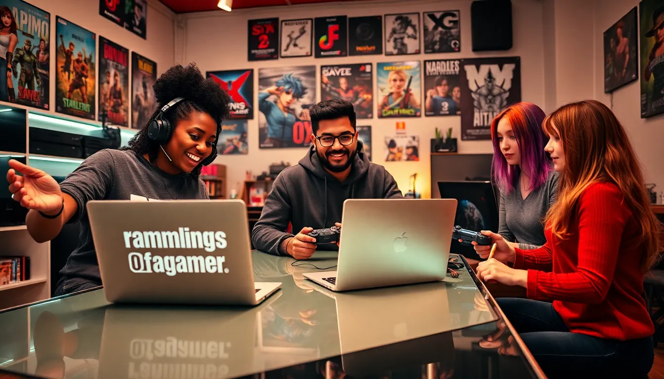a diverse group of gamers discussing in a cozy gaming room.
