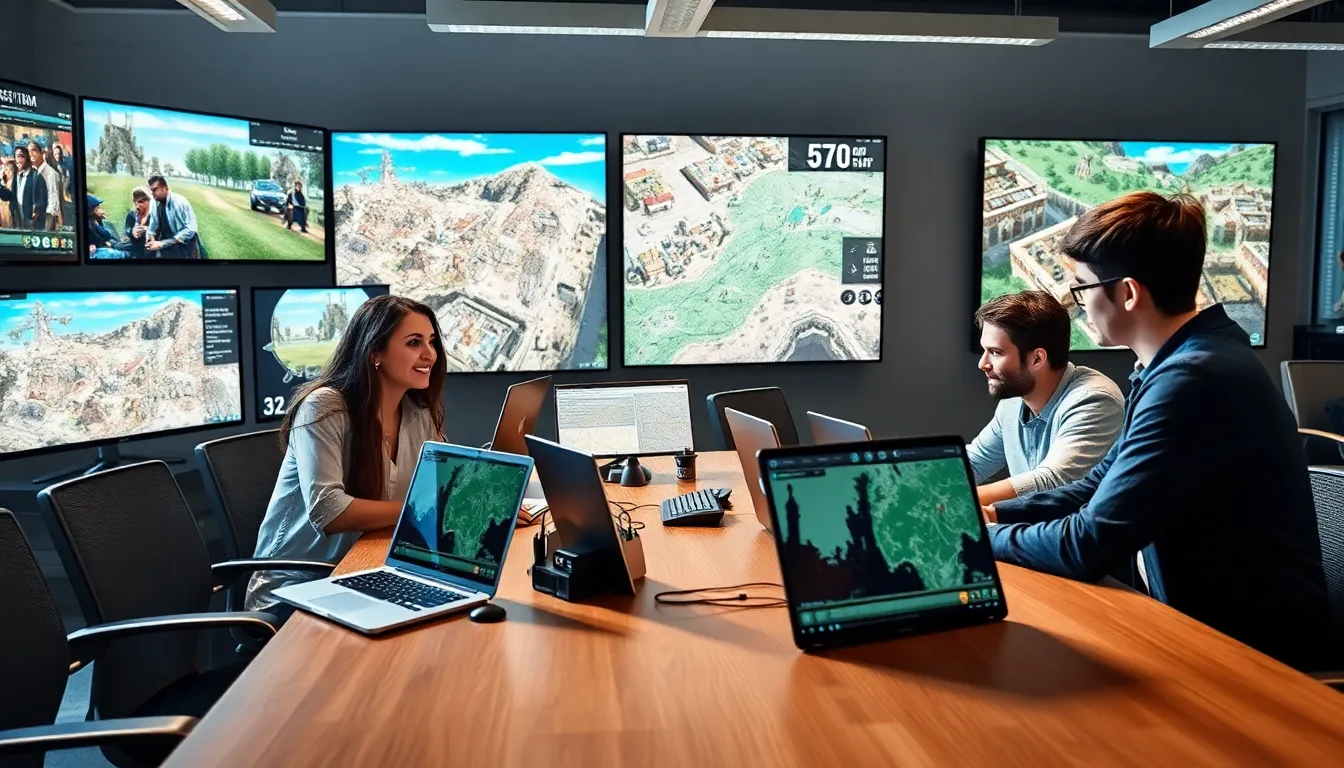 diverse group collaborating on gaming character creation in a modern workspace.