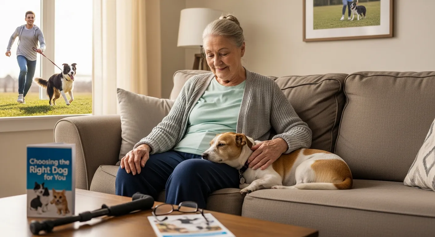 Worst Dog Breeds For Seniors: What That Really Means Senior woman relaxing on a sofa with a calm small dog in her lap.