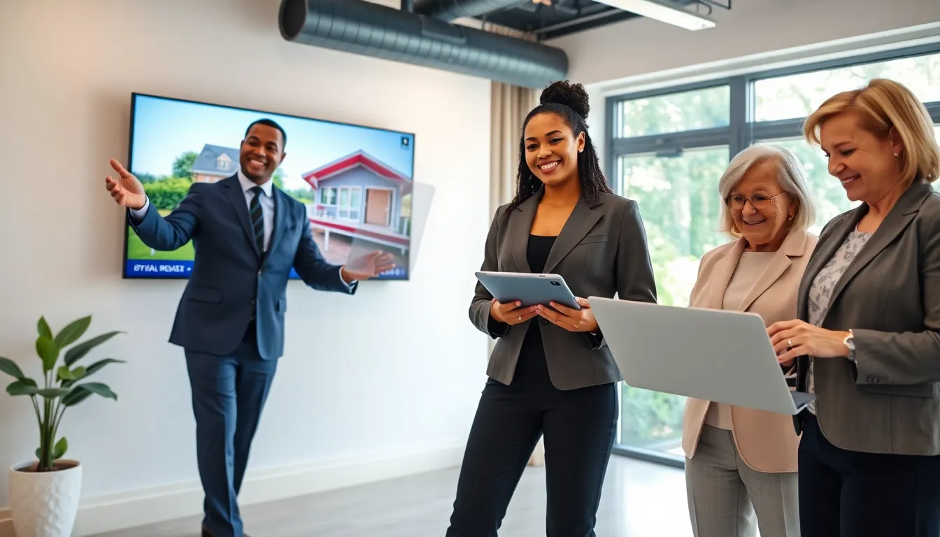 diverse real estate agents collaborating in a modern office setting.