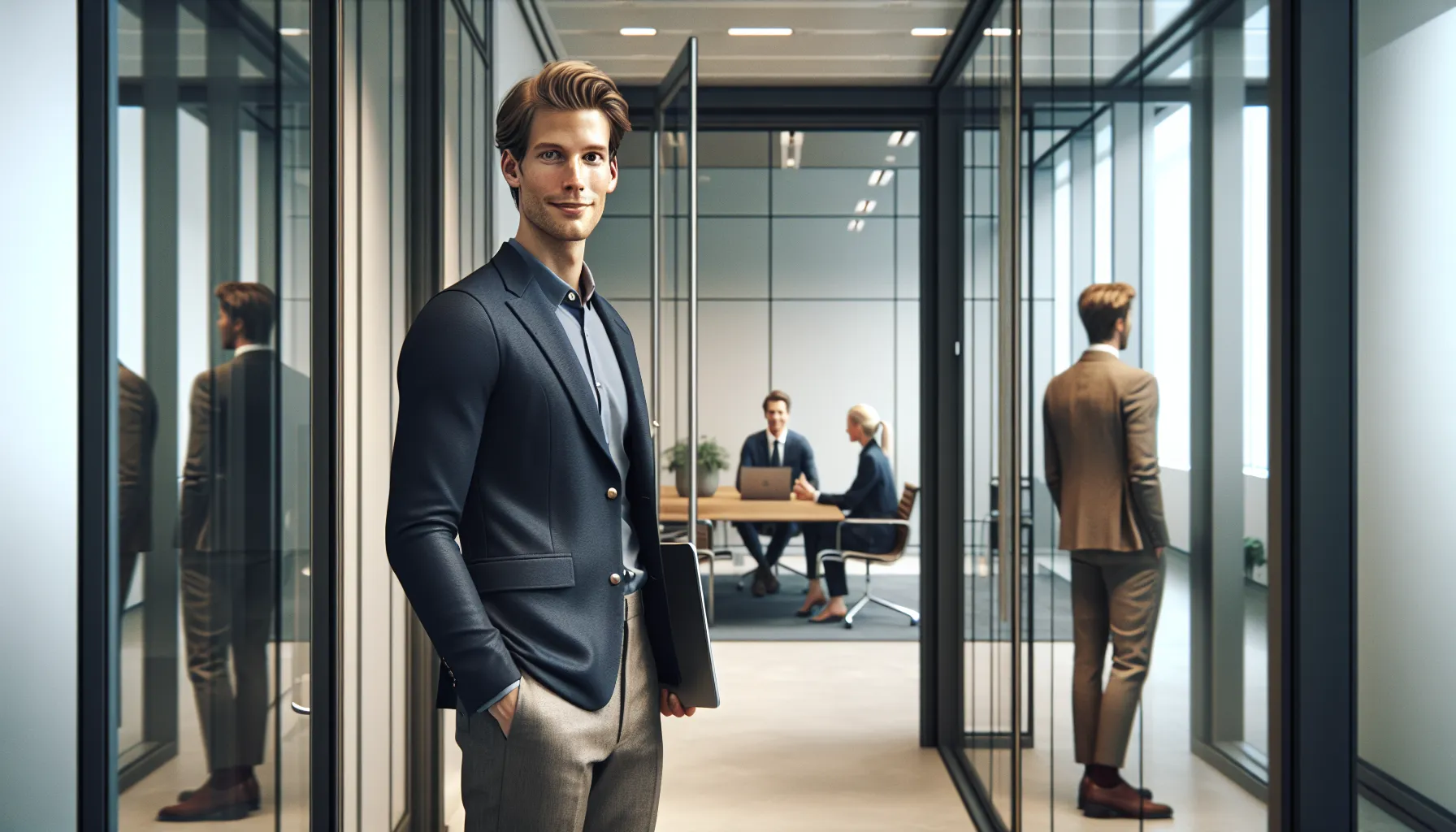 Slik bruker du kroppsspråk for å oppnå bedre avtaler 3 Norwegian professional outside a meeting room showing confident, open body language.