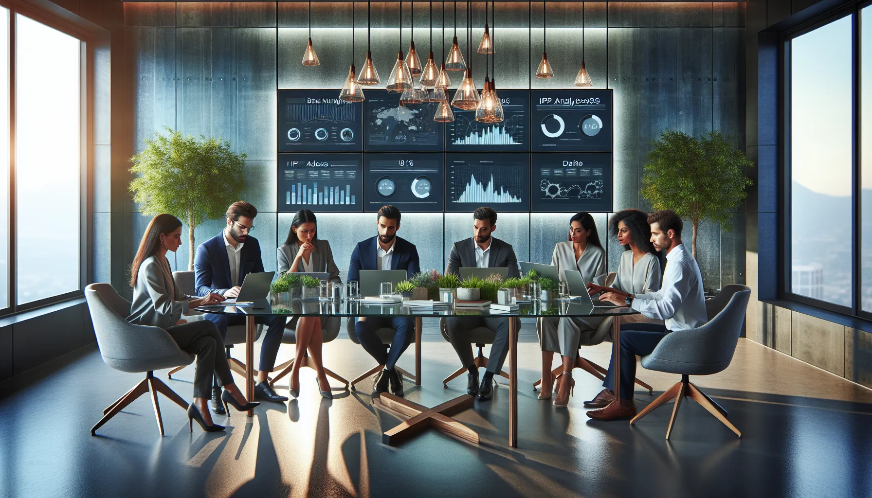 diverse team analyzing data in a modern office.