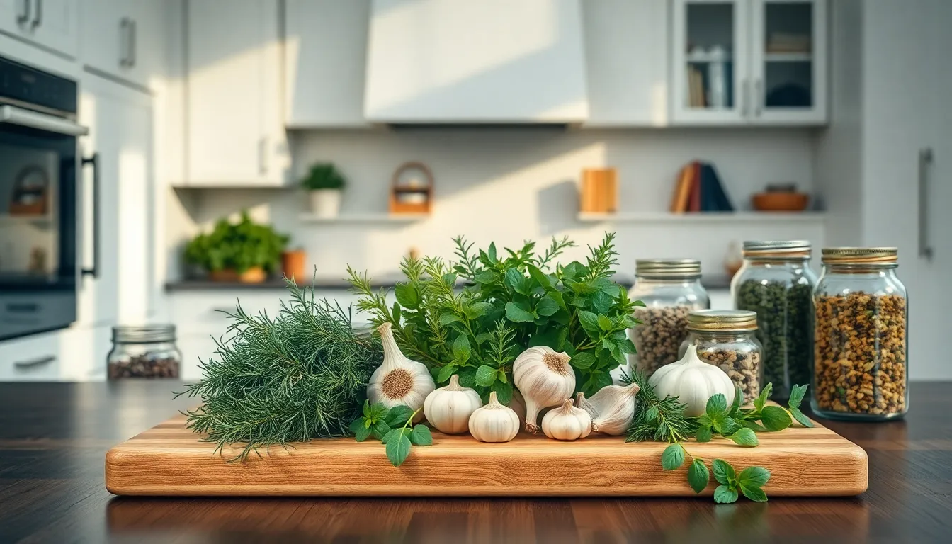 fresh herbs in a modern kitchen setting.