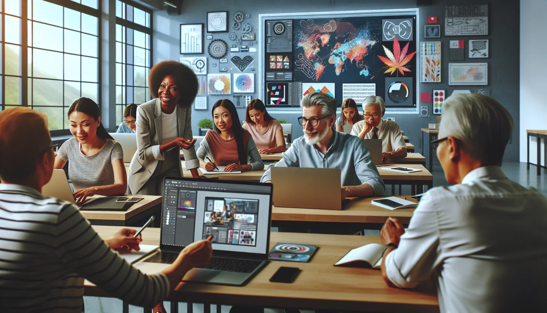 diverse individuals engaged in a Photoshop training course.