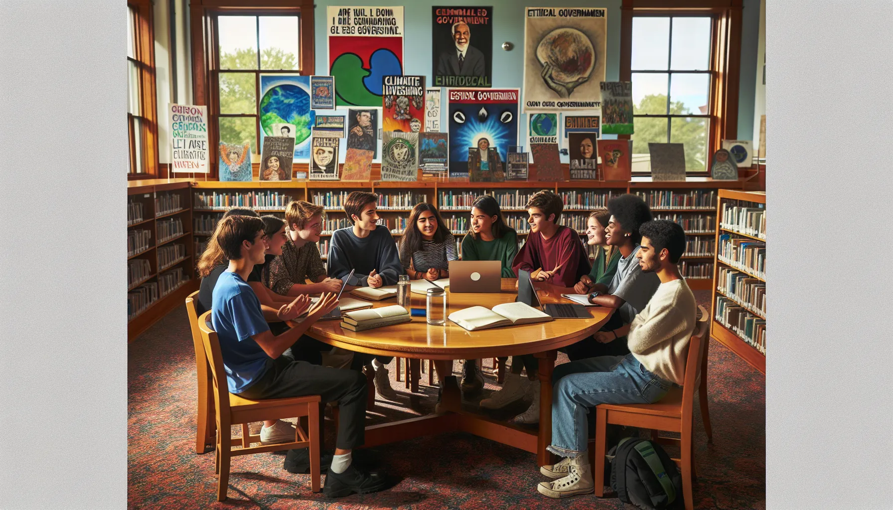 diverse group of youth discussing education and social justice in a library.