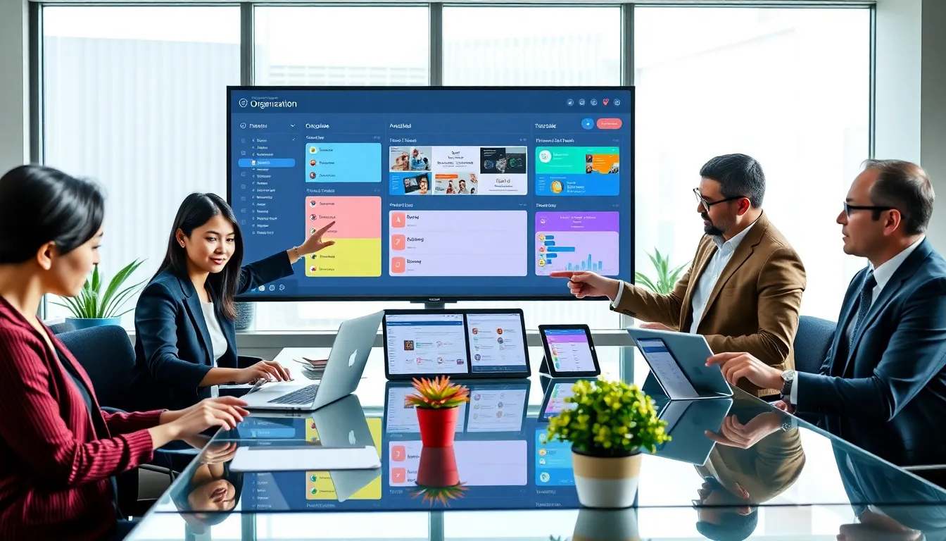 diverse team collaborating with digital organization tools in a modern office.