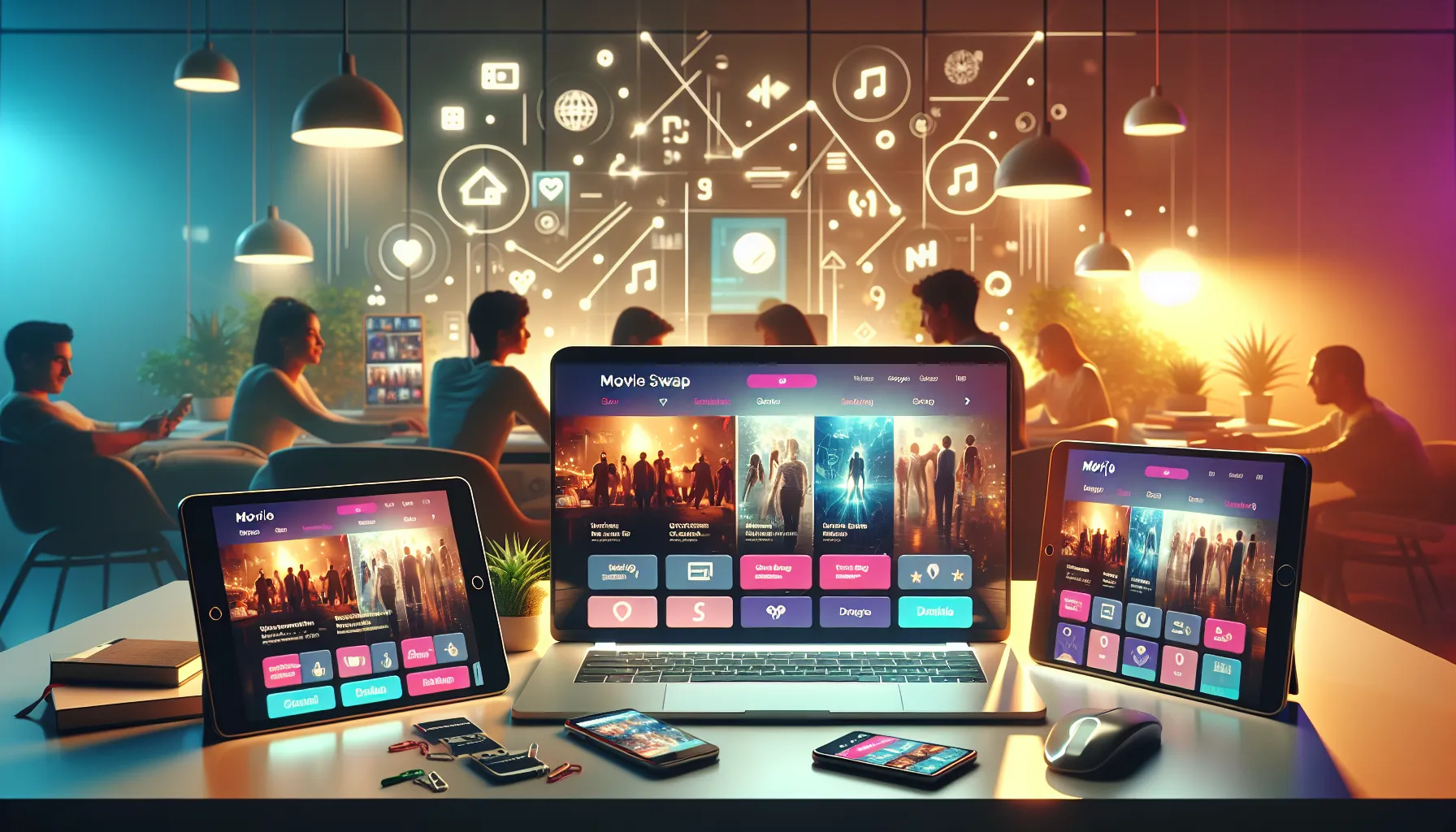 Movieswap.org interface displayed on modern devices in a stylish workspace.